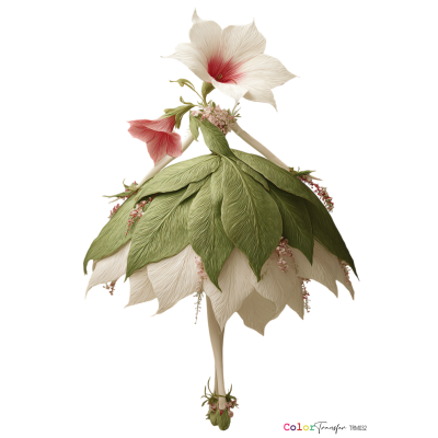 Figura feminina com vestido de folhas verdes e flores brancas rosa