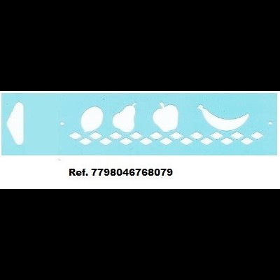 Estêncil azul com recortes de frutas e texto de referência