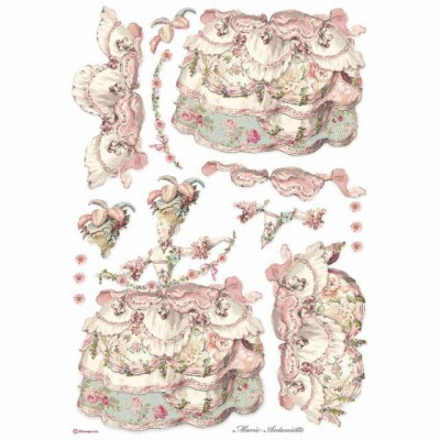 Papéis de decoupage com recortes de vestido antigo floral e babados em tons pastel