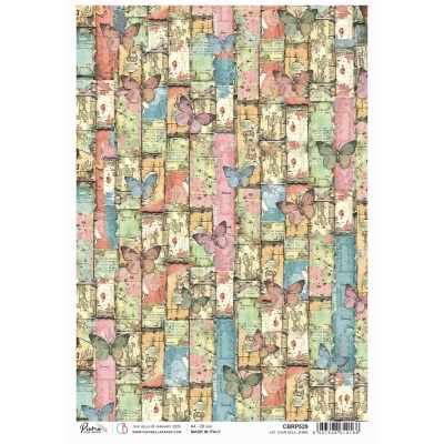 Papel decorativo A4 com padrão colorido e borboletas