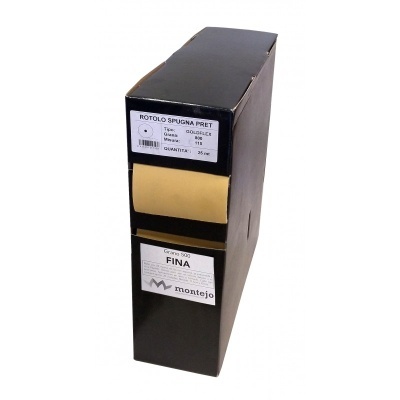 Caixa preta com rolo amarelo de esponja e etiquetas com texto em italiano e português