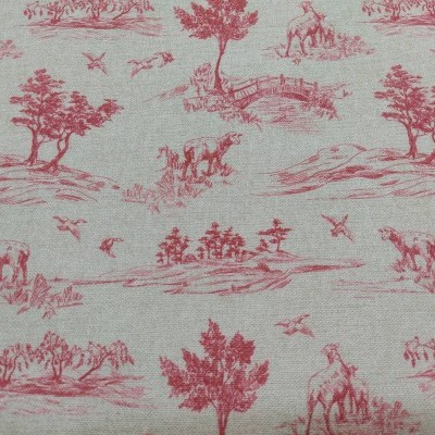 Tecido cinza com padrão vermelho de cenas campestres desenhadas a linha