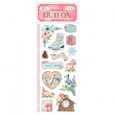 Conjunto de rub-ons decorativos com motivo de inverno e Natal em tons pastel.