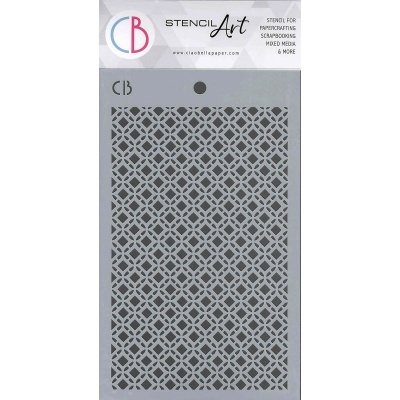 Stencil cinzento com padrão geométrico e embalagem com texto de marca e uso