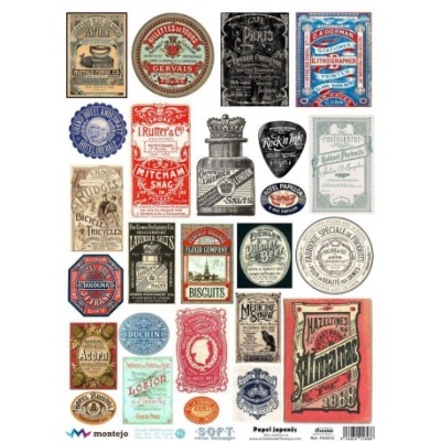 Etiquetas decorativas vintage para artesanato em papel japonês com textos e padrões variados