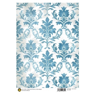 Papel de decoupage com padrão azul em fundo branco e texto na parte inferior