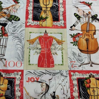 Pano decorativo com desenhos de manequins amarelos, músicas e músicos.