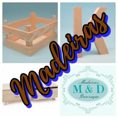 Colagem com caixote e suportes de madeira, texto 'Madeiras' e logótipo 'Madeiras M & D Decoração'.