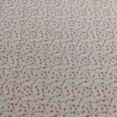 Tecido de algodão com padrão floral cor-de-rosa e castanho sobre fundo branco