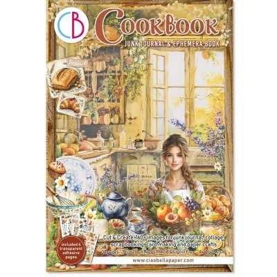 Capa do livro 'Cookbook Junk Journal & Ephemera Book' com ilustração de cozinha e mulher jovem com frutas e flores
