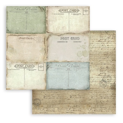 folha decorativa dupla face com postais vintage e escrita manuscrita