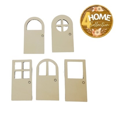Cinco painéis decorativos de madeira com desenhos de portas e janelas e selo da coleção 4 HOME