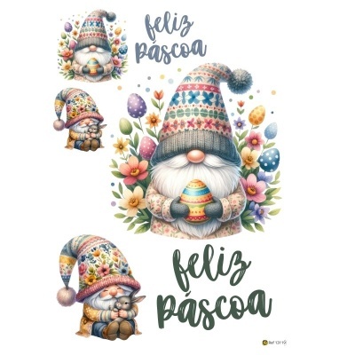 Ilustrações de gnomos coloridos com flores e ovos de Páscoa, texto Feliz Páscoa