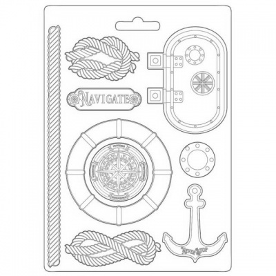 Molde de silicone com designs náuticos em relevo, incluindo cordas, porta redonda, bóia e âncora.