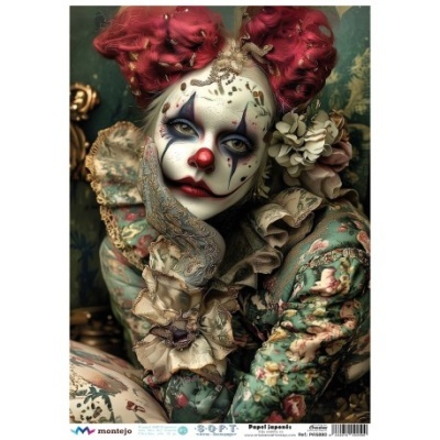 Figura com maquilhagem de palhaço e roupa floral com folhos e luvas