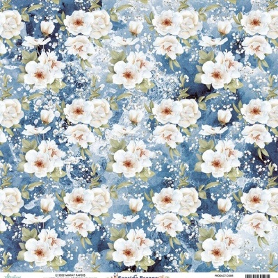 Papel decorativo floral branco e azul com folhas verdes