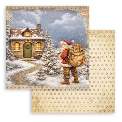 Papel decorativo de Natal com Pai Natal e casa com neve