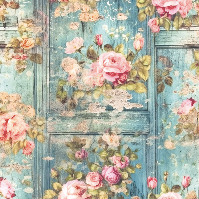 Padrão floral com porta azul envelhecida e rosas cor-de-rosa
