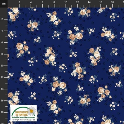 Tecido azul escuro com flores bege e brancas padrão, régua de centímetros e selo de qualidade