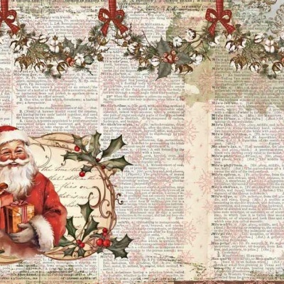 Ilustração natalícia de Papai Noel com presentes e decoração de azevinho sobre fundo de texto antigo.