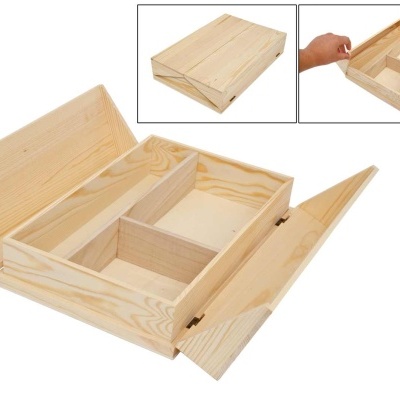 Caixa organizadora de madeira clara com compartimentos internos e tampa articulada