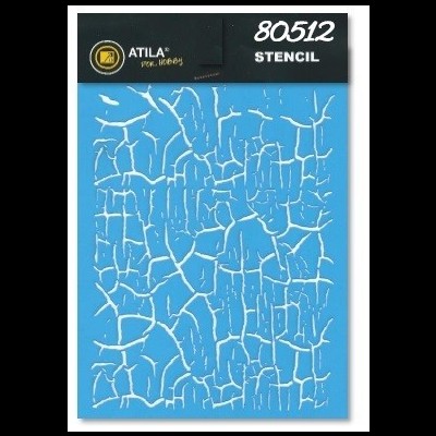 Stencil azul com padrão de rachaduras brancas em embalagem preta com texto e logótipo