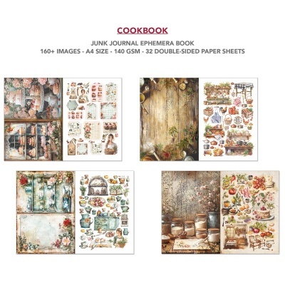 Conjuntos de folhas para scrapbook com ilustrações de cozinha e alimentos em estilo vintage