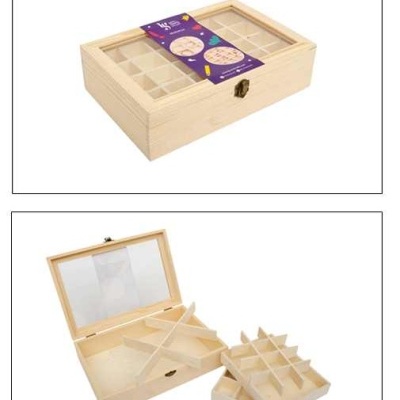 Caixa organizadora de madeira com tampa em vidro e divisórias ajustáveis