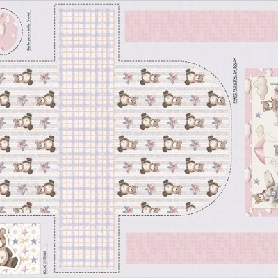 tecidos infantis rosa com padrões de urso, coelho, balões e estrelas