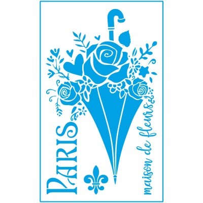 Ilustração azul de guarda-chuva com rosas e texto Paris maison de fleurs