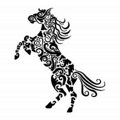 Ilustração a preto e branco de cavalo estilizado com padrões decorativos