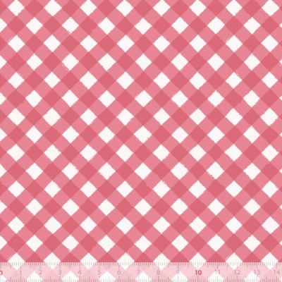 Tecido xadrez vermelho e branco com régua de medição