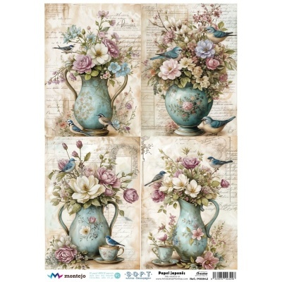 Quatro painéis com jarros azuis decorados com flores e pássaros azuis sobre fundo bege com texto