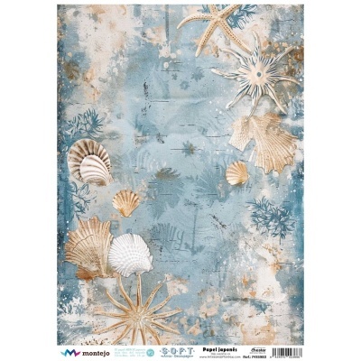 Papel japonês para decoupage com padrão de conchas e estrelas do mar em tons de azul e bege