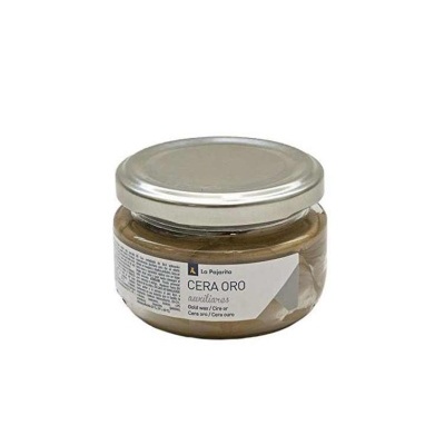 Frasco de vidro com tampa metálica contendo cera dourada para madeira