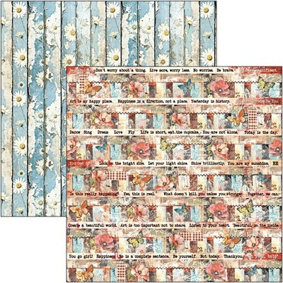 Papel decorativo com padrão floral e texto em inglês.