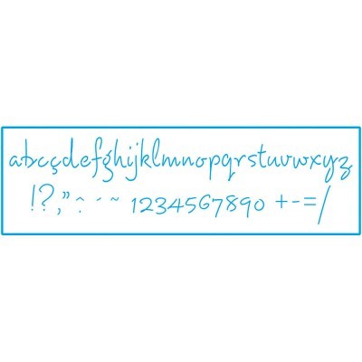 Alfabeto e símbolos manuscritos em azul num quadro branco