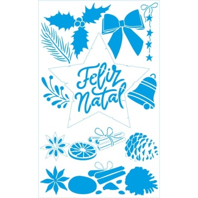 Ilustrações azuis de Natal com texto Feliz Natal em estrela no centro.