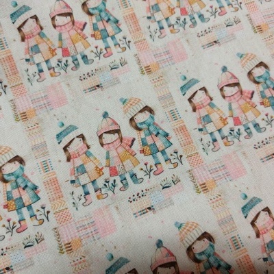 Tecido com padrão repetido de bonecas em casacos e gorros coloridos em tons pastel