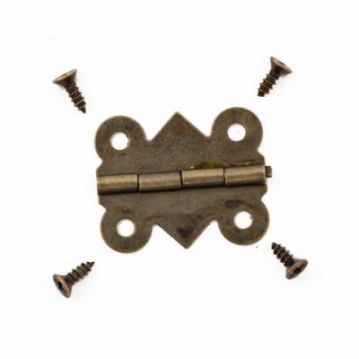 Dobradiça metálica envelhecida com parafusos em fundo branco