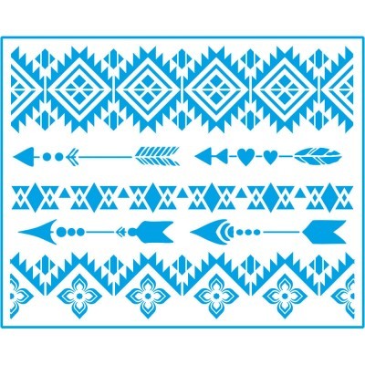 Padrões geométricos e setas em azul sobre fundo branco