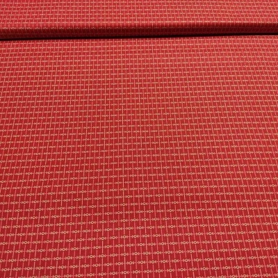 Tecido vermelho com padrão de palavras 'look' em branco