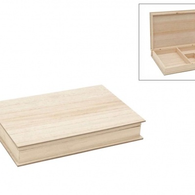 Caixa de madeira clara retangular com tampa e compartimentos