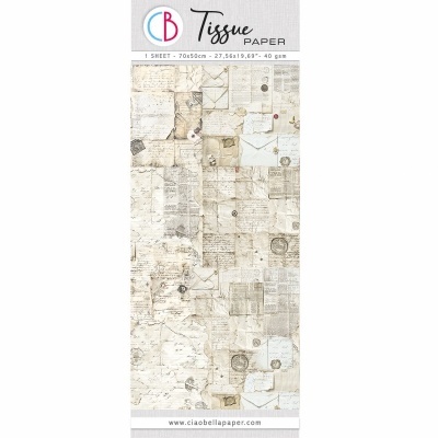 Papel tissue estampado vintage com documentos antigos e embalagem branca