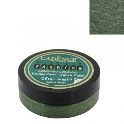 Pasta para tecido metálica verde em embalagem redonda preta com tampa com texto Cadence Fashion