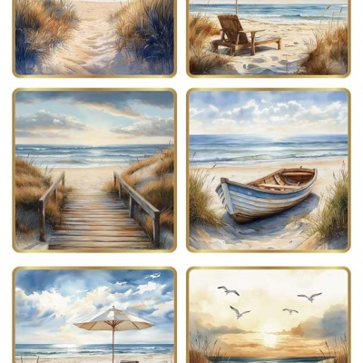 Conjunto de seis imagens de paisagens de praia com elementos como dunas, espreguiçadeiras, guarda-sóis, barco e aves.