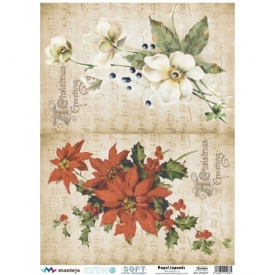 Papel decorativo com flores brancas e vermelhas, folhas verdes, notas musicais e texto Christmas Greeting