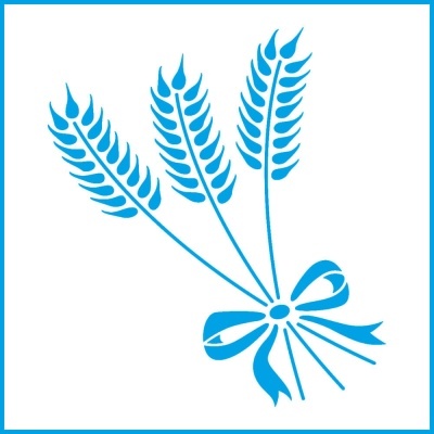 Três espigas de trigo azuis amarradas por um laço azul sobre fundo branco