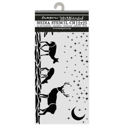 Stencil com silhuetas de veados, estrelas e lua crescente