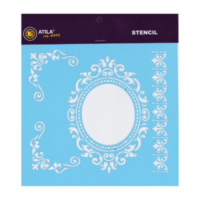 Stencil decorativo azul com padrões brancos e embalagem roxa com texto